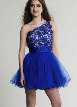 Royal Blue Tulle Lace One Shoulder Knee Length Prom Dress